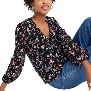 Madewell Shirred-Sleeve V-Neck Top in Drifting Flowers Black Medium Style AJ955